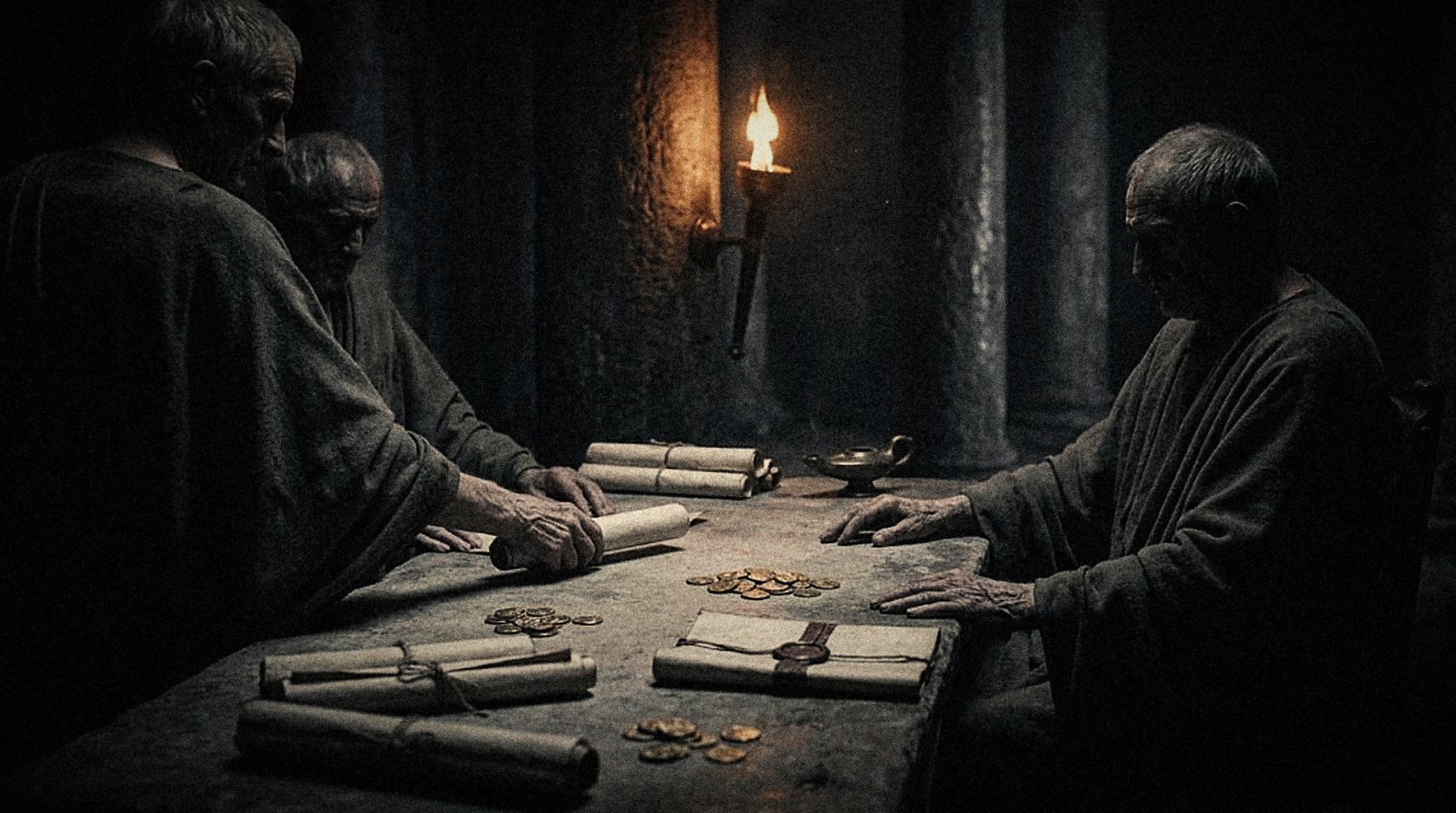 Roman senators dividing scrolls and coins at a stone table